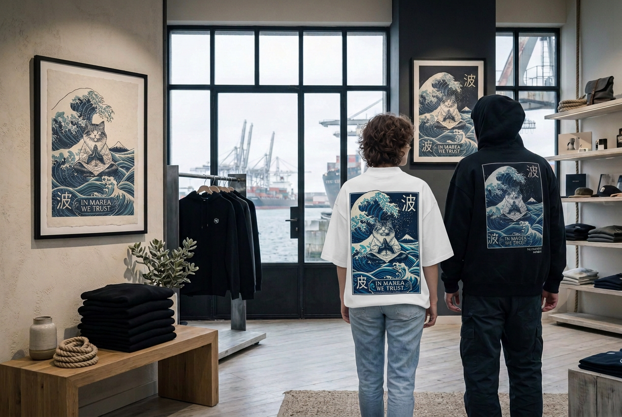 Femme en tee oversize blanc MAREA et homme en hoodie noir