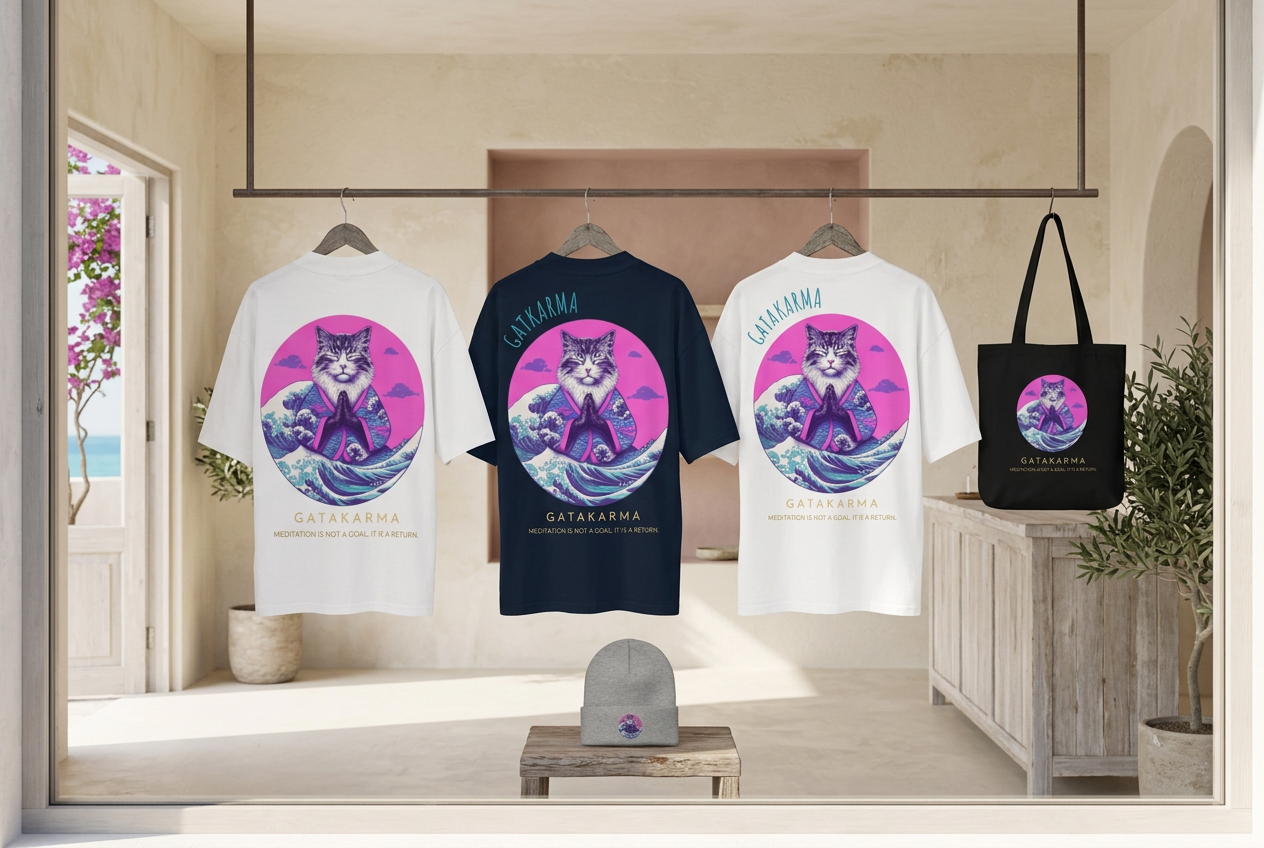 Pink Wave boutique display with white and navy T-shirts, a black tote bag and a grey beanie