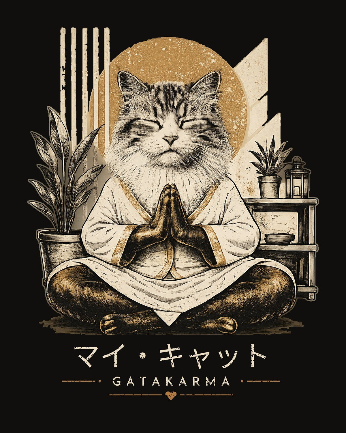 La GataKarma meditating in a cream kimono beneath a gold disc, illustrated in ivory and antique gold on black