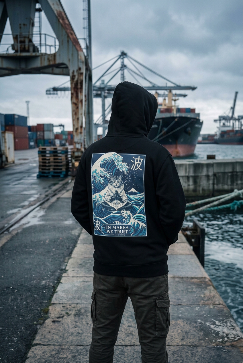Marea porté, capuche relevée, dans un port industriel