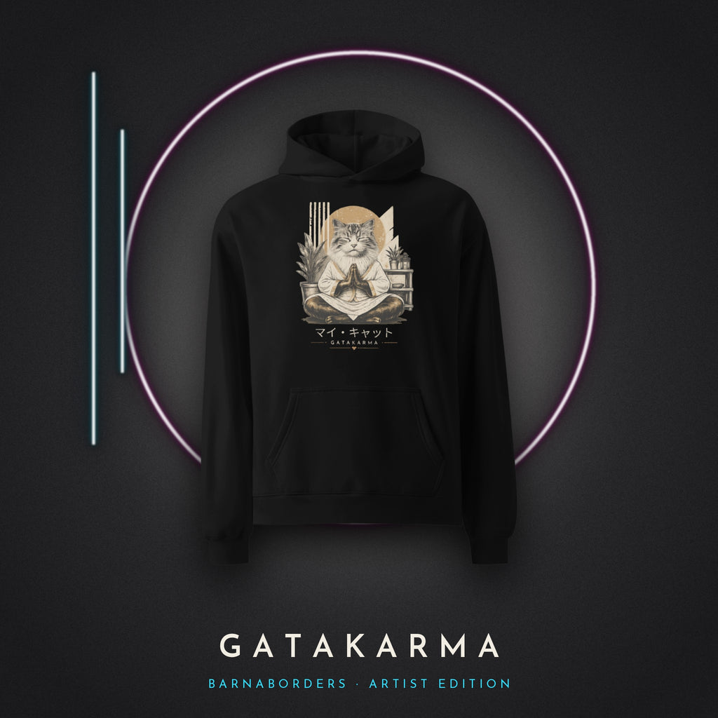 GataKarma Original Hoodie Black, on concrete with neon light (3/13) — Signature collection by BarnaBorders
