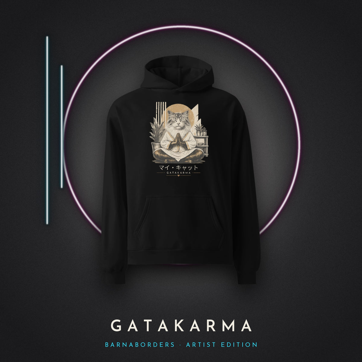 GataKarma Original Hoodie, black, on concrete with neon light, BarnaBorders Artist Edition