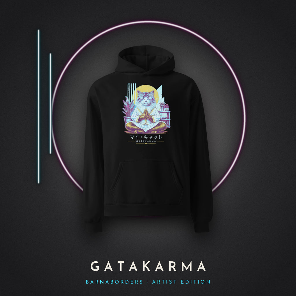GataKarma Neon-Punk Hoodie, black, on concrete with neon light, BarnaBorders Artist Edition