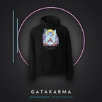 GataKarma Neon-Punk Hoodie, black, on concrete with neon light, BarnaBorders Artist Edition