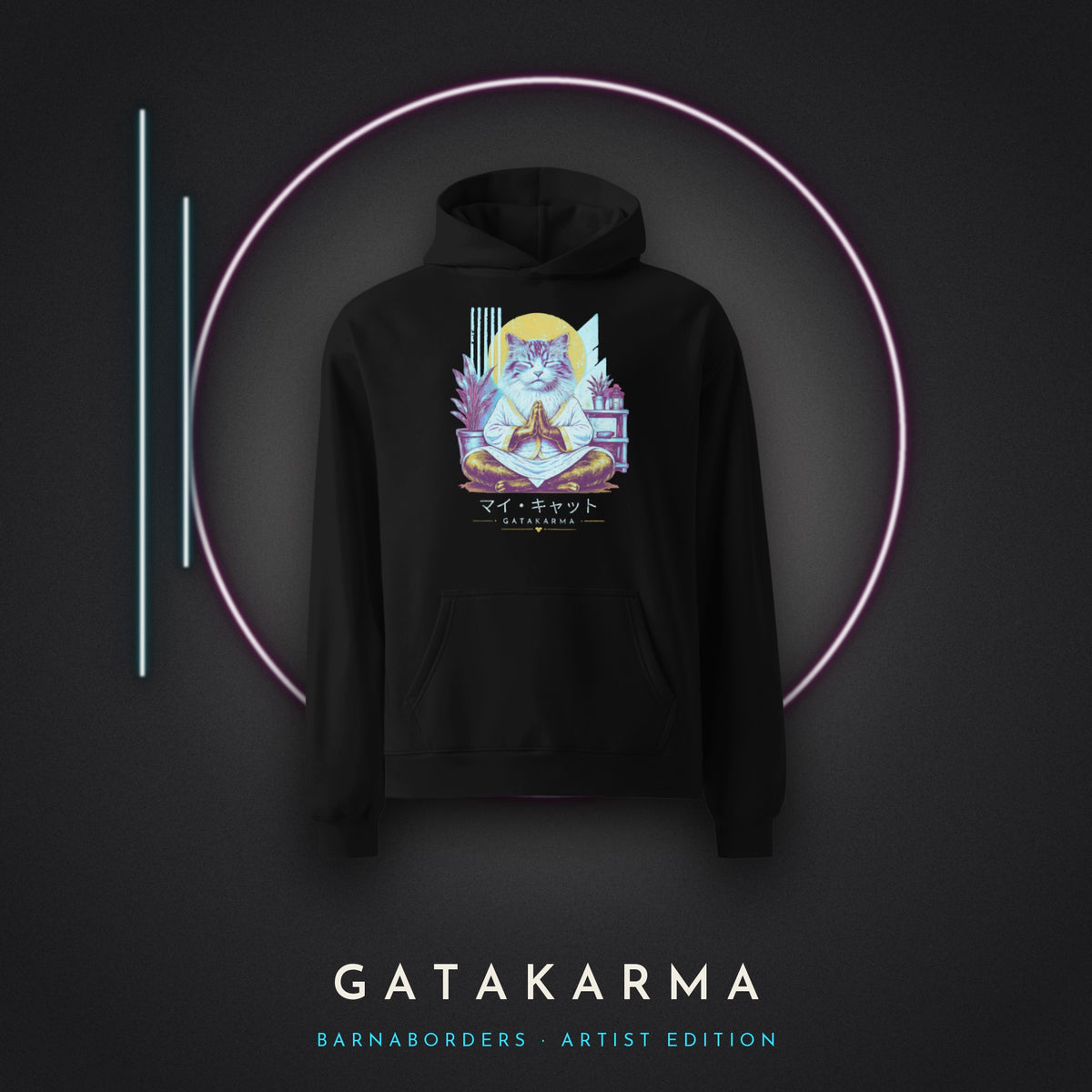 GataKarma Neon-Punk Hoodie, black, on concrete with neon light, BarnaBorders Artist Edition