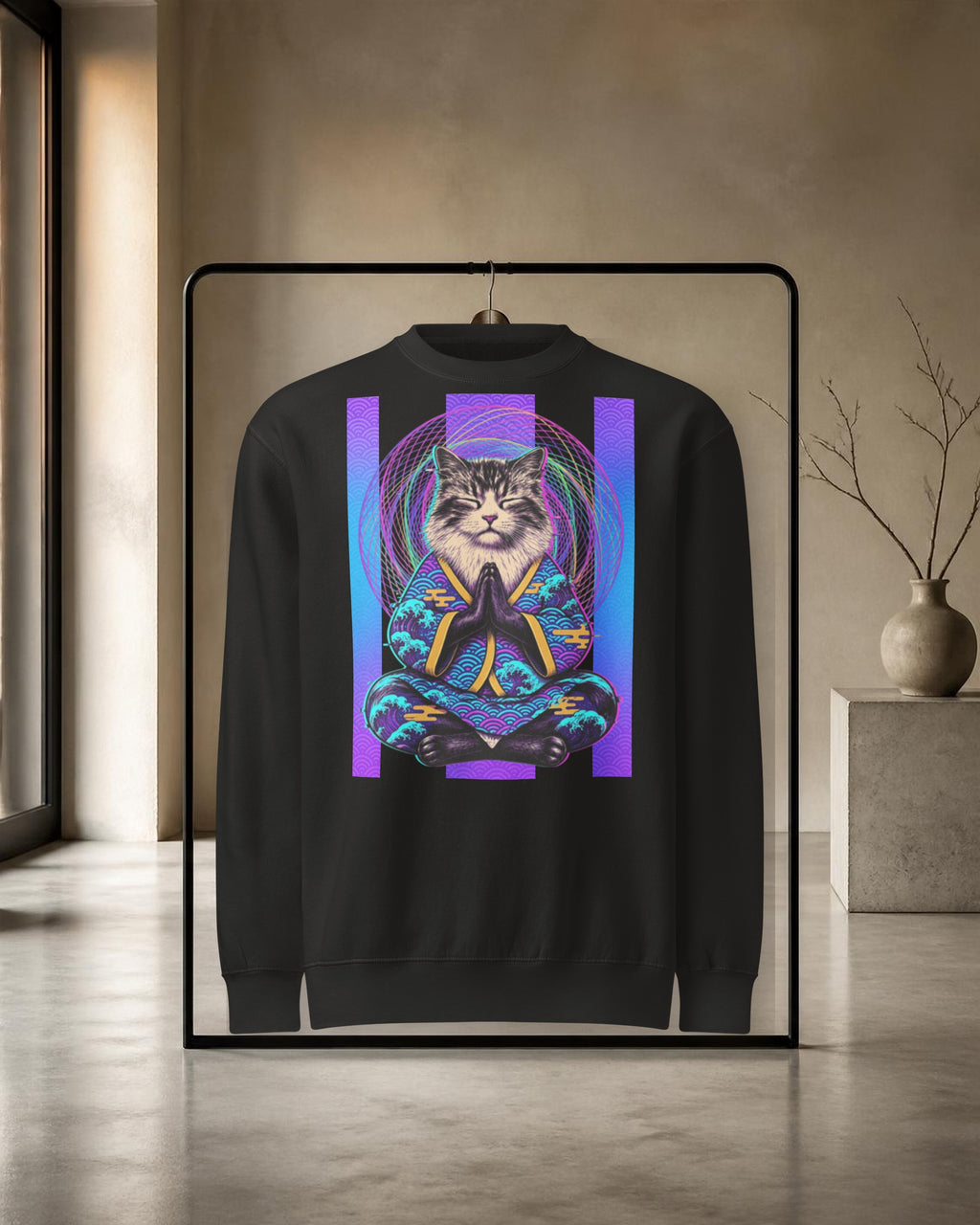 GataKarma Acid Karma Sweatshirt, black, on a rail in a concrete concept store (3/20) — Acid Karma collection by BarnaBorders