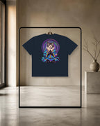 GataKarma Acid Karma Oversized Tee, French navy, back print, on a rail in a concrete concept store (3/10) — Acid Karma collection by BarnaBorders