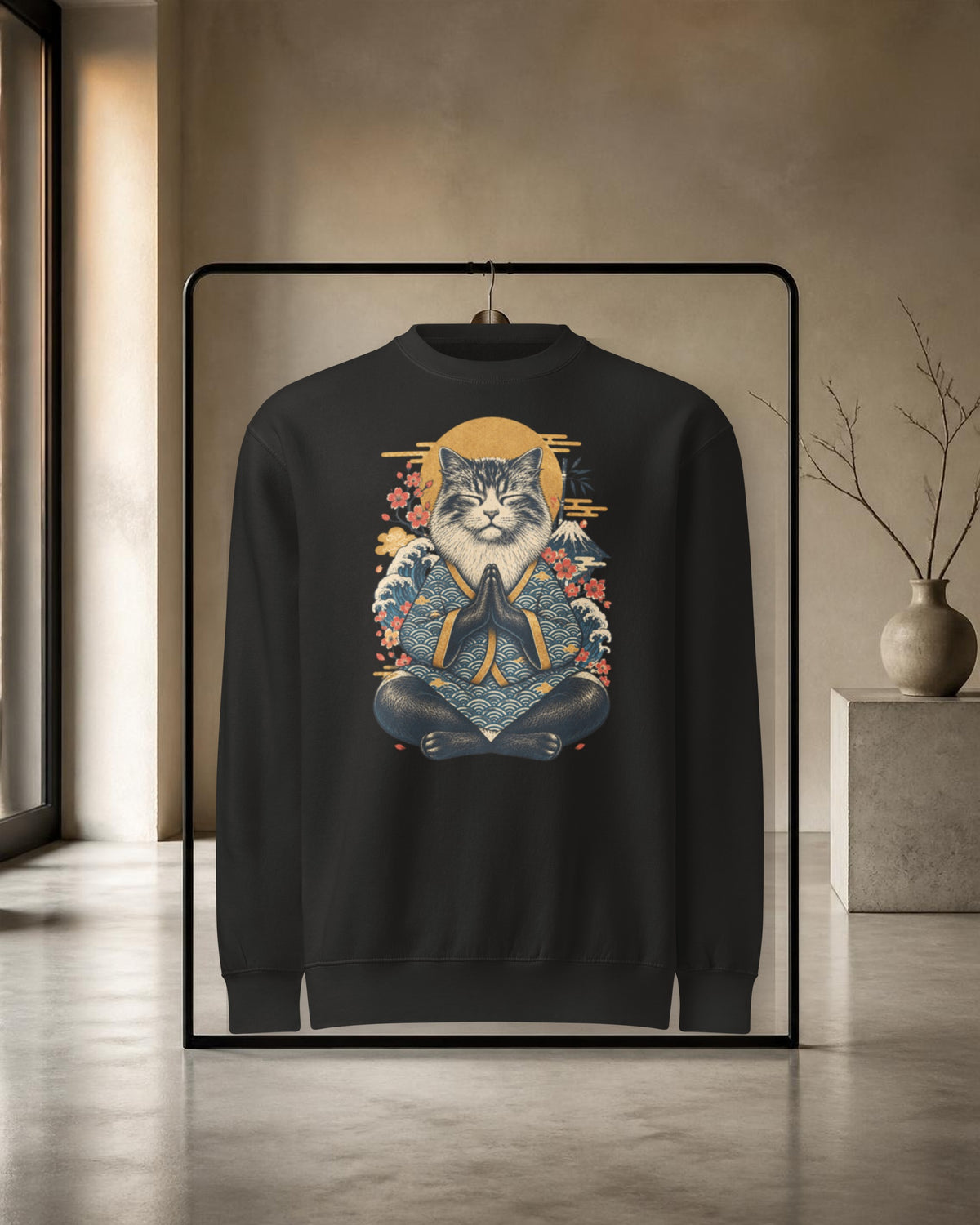 GataKarma Ukiyo Kimono Sweatshirt, black, on a rail in a concrete concept store — Ukiyo collection by BarnaBorders