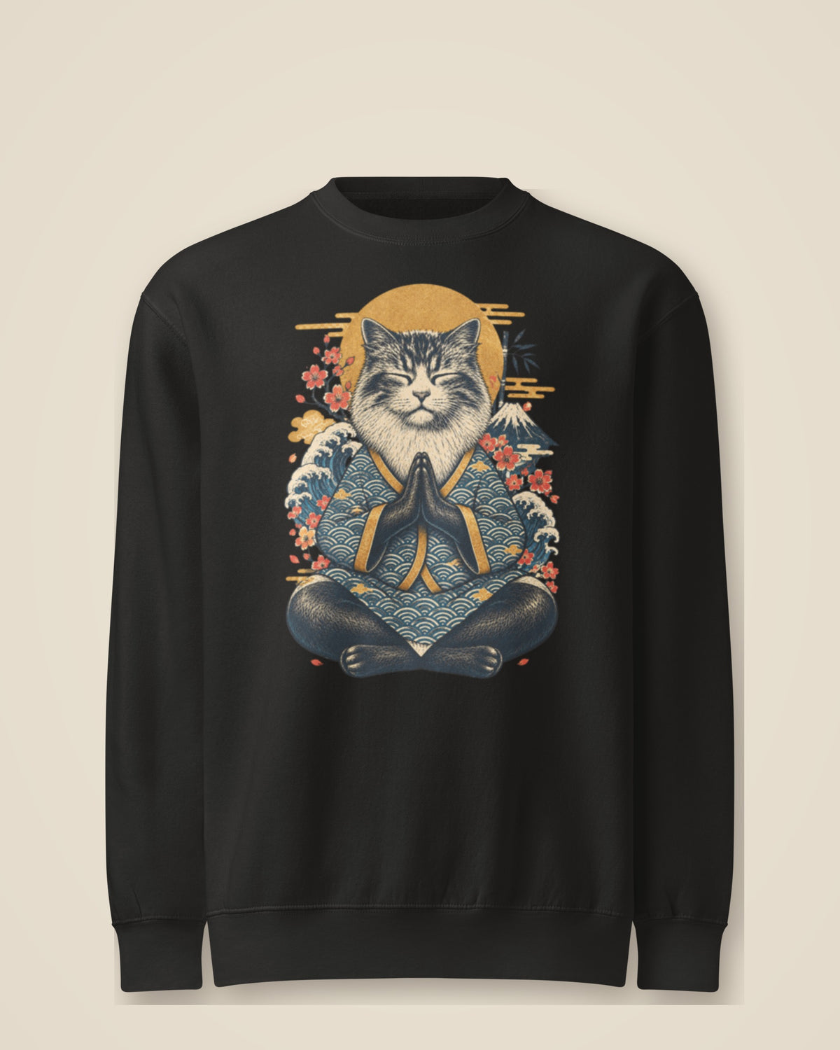 GataKarma Ukiyo Kimono Sweatshirt, black, front view — Ukiyo collection by BarnaBorders
