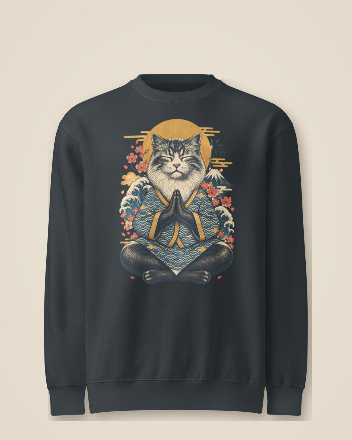 GataKarma Ukiyo Kimono Sweatshirt, navy, front view — Ukiyo collection by BarnaBorders