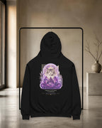 GataKarma Galaxia Hoodie, black, back view on a rail in a concrete concept store — Cosmic collection by BarnaBorders