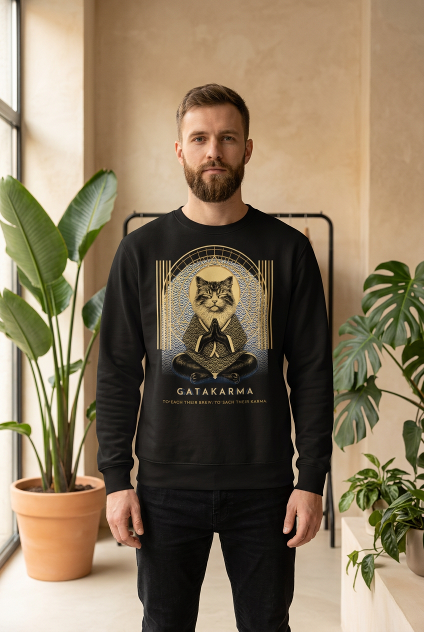 GataKarma Atelier 02 Sweatshirt, on a mannequin, beige backdrop with plants (1/6) — Atelier series by BarnaBorders