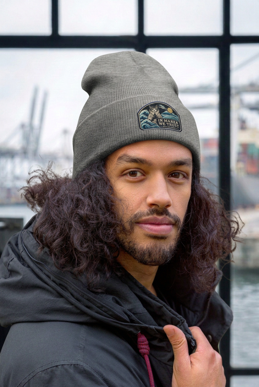 GataKarma Marea Cuffed Beanie, heather grey, worn by a man (3/6) — MAREA collection by BarnaBorders