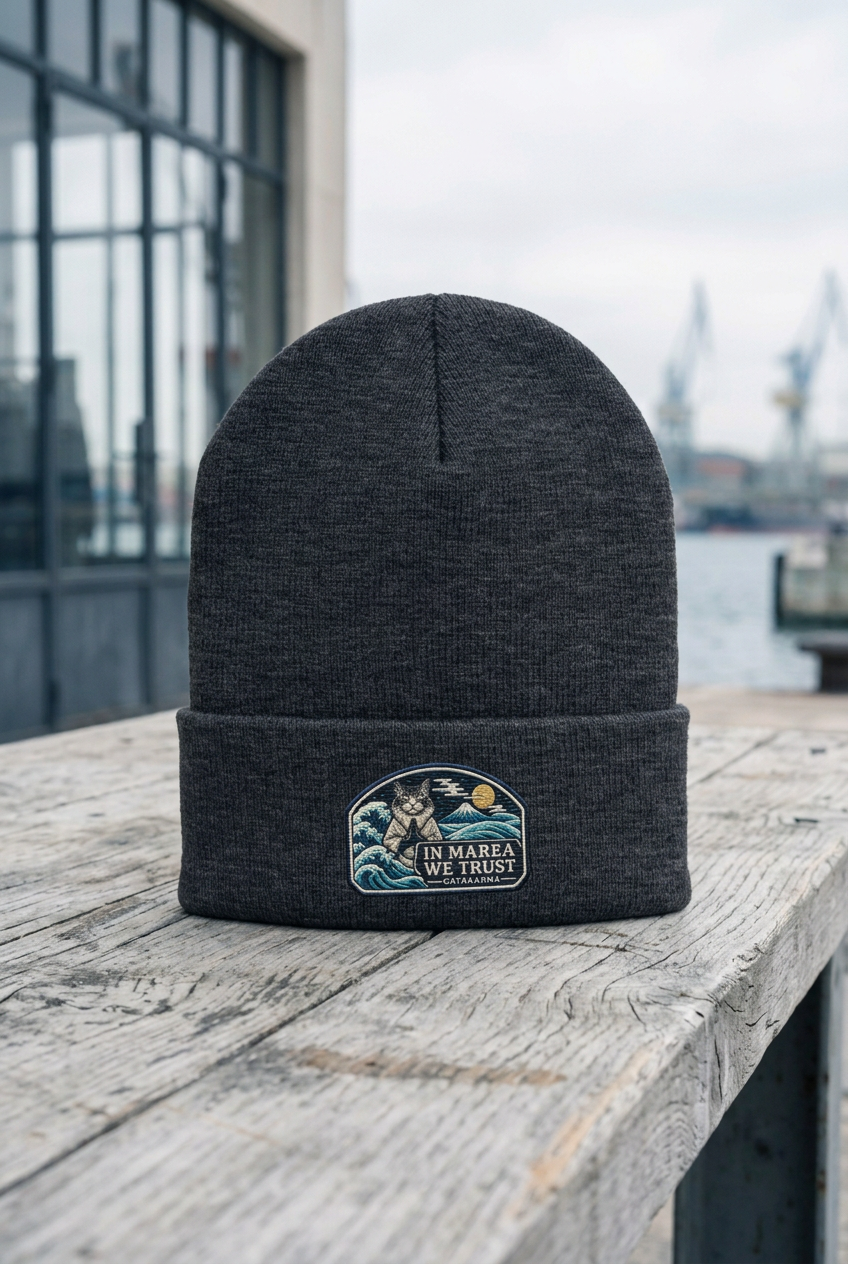 Bonnet gris foncé, établi face au port
