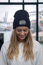 GataKarma Marea Cuffed Beanie, navy, worn by a woman (1/6) — MAREA collection by BarnaBorders