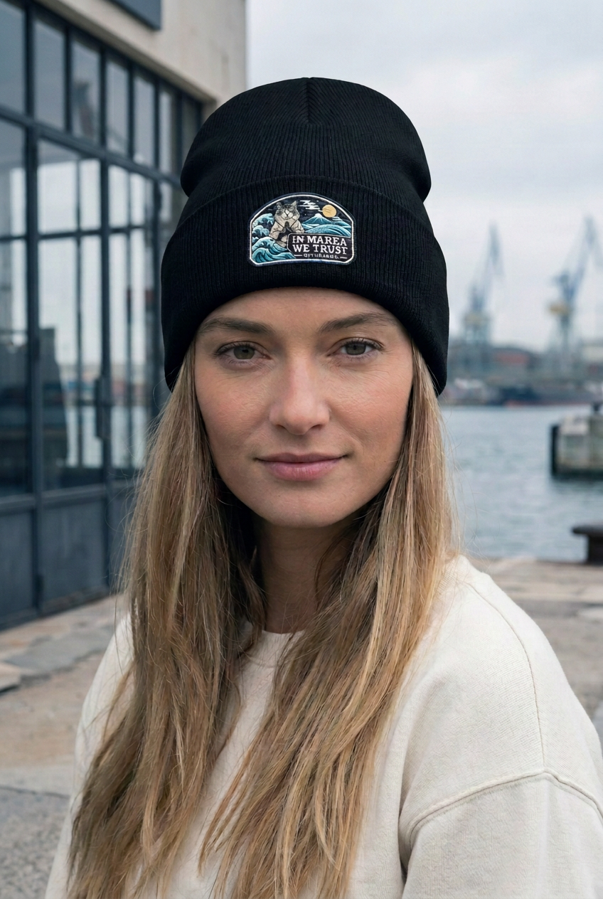 GataKarma Marea Cuffed Beanie, black, on a stone quay (6/6) — MAREA collection by BarnaBorders