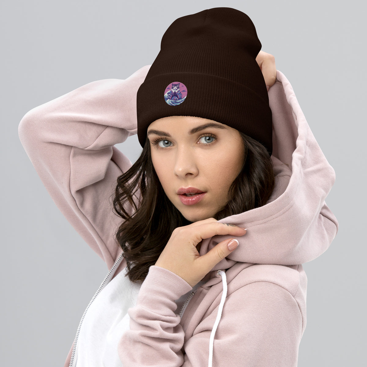 GataKarma Pink Wave Cuffed Beanie, product view 7 of 14 — Pink Wave collection by BarnaBorders