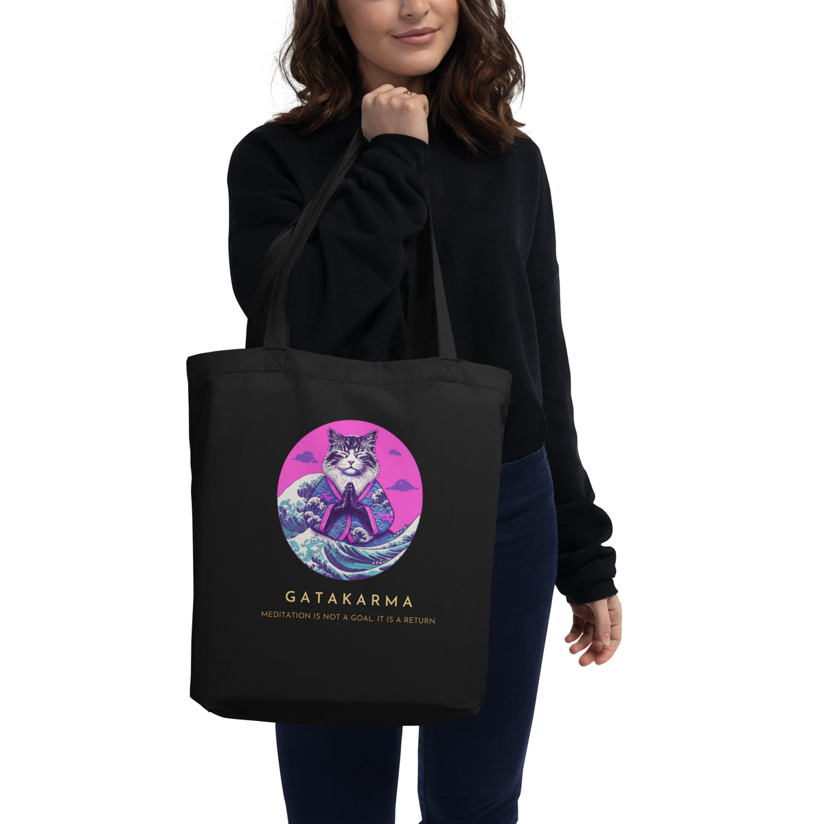 GataKarma Pink Wave Eco Tote Bag, product view 1 of 4 — Pink Wave collection by BarnaBorders