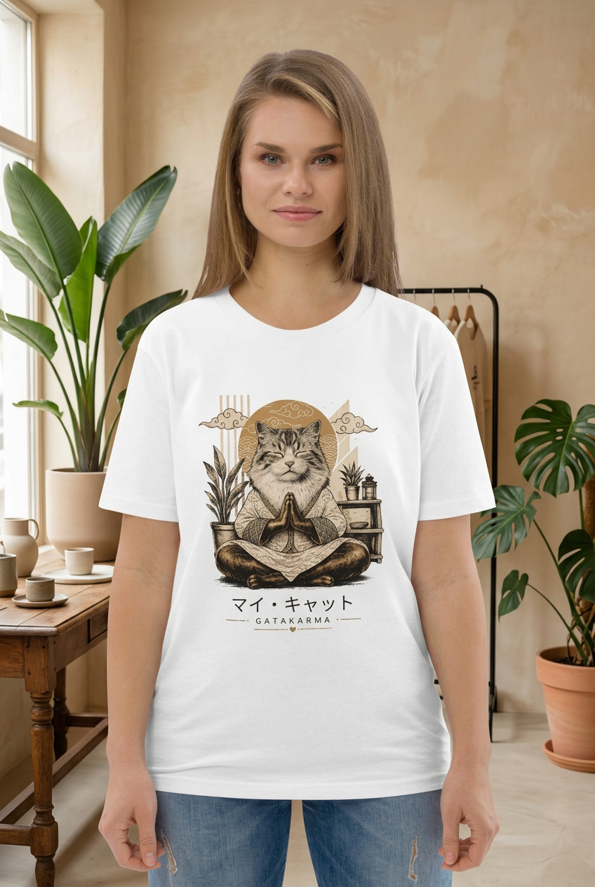 GataKarma Ukiyo Tee Paper, on a mannequin, beige backdrop with plants (7/7) — Ukiyo collection by BarnaBorders