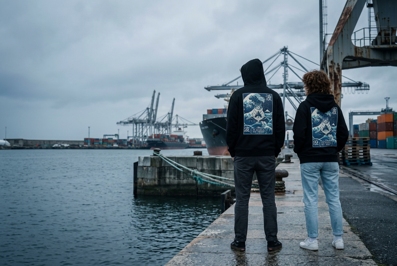 Panorama de deux silhouettes portant le hoodie MAREA de dos face au port