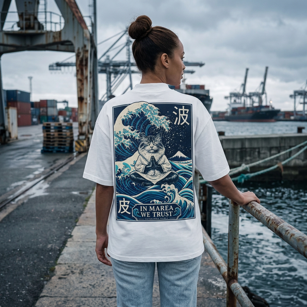 Marea porté face à la mer, une main sur la rambarde