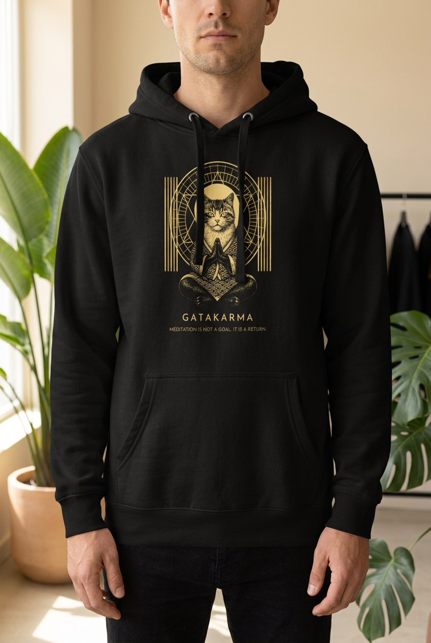 Or Sacré Hoodie sur mannequin dans un décor beige végétalisé