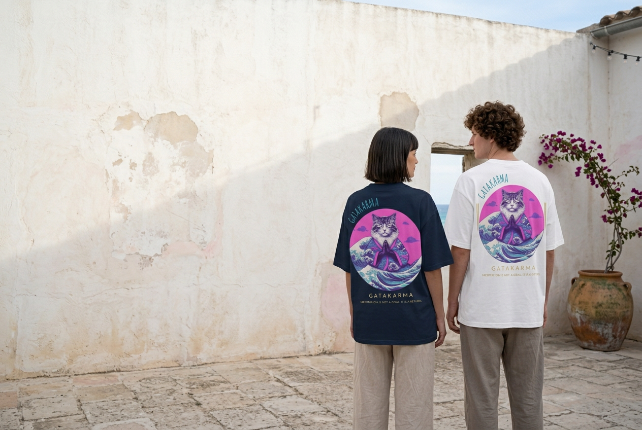Two people wearing white and navy Pink Wave T-shirts in a Mediterranean courtyard
