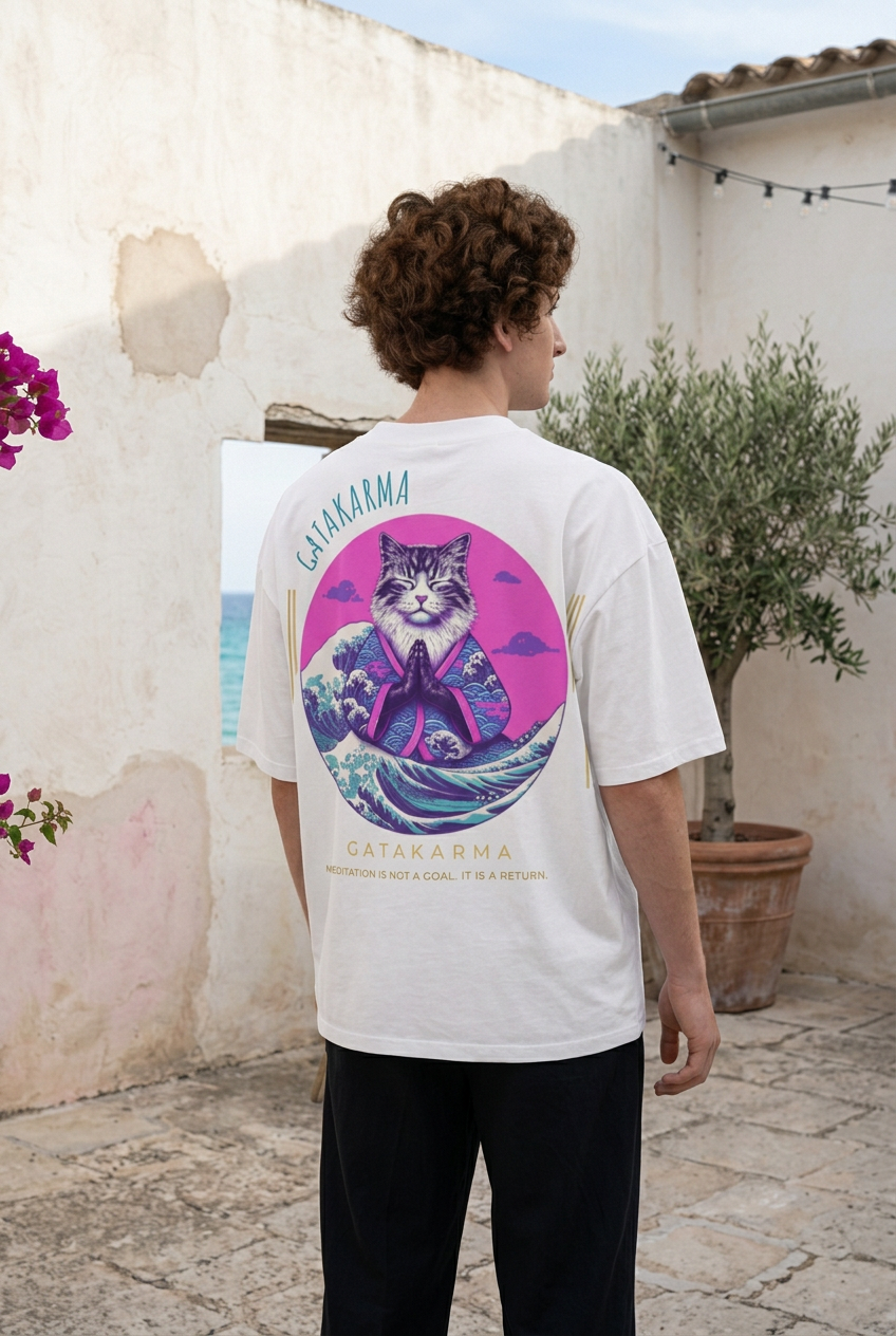 GataKarma Pink Wave High-Neck Oversized Tee, white, island setting (3/4) — Pink Wave collection by BarnaBorders
