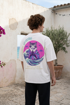 GataKarma Pink Wave High-Neck Oversized Tee, white, island setting (3/4) — Pink Wave collection by BarnaBorders