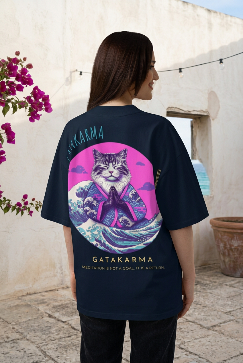 GataKarma Pink Wave High-Neck Oversized Tee, navy, island setting (2/4) — Pink Wave collection by BarnaBorders