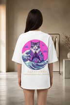 GataKarma Pink Wave Oversized Tee, back print on a mannequin (2/9) — Pink Wave collection by BarnaBorders