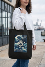 Tote bag noir porté avec un sweatshirt blanc, univers MAREA