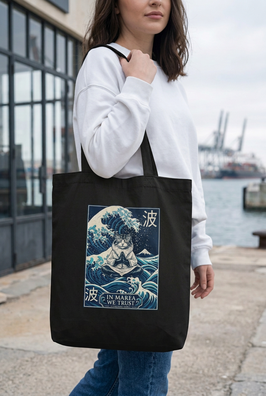 Tote bag noir porté avec un sweatshirt blanc, univers MAREA