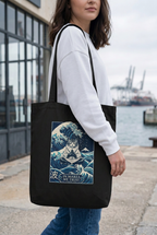 Tote noir porté sur fond portuaire