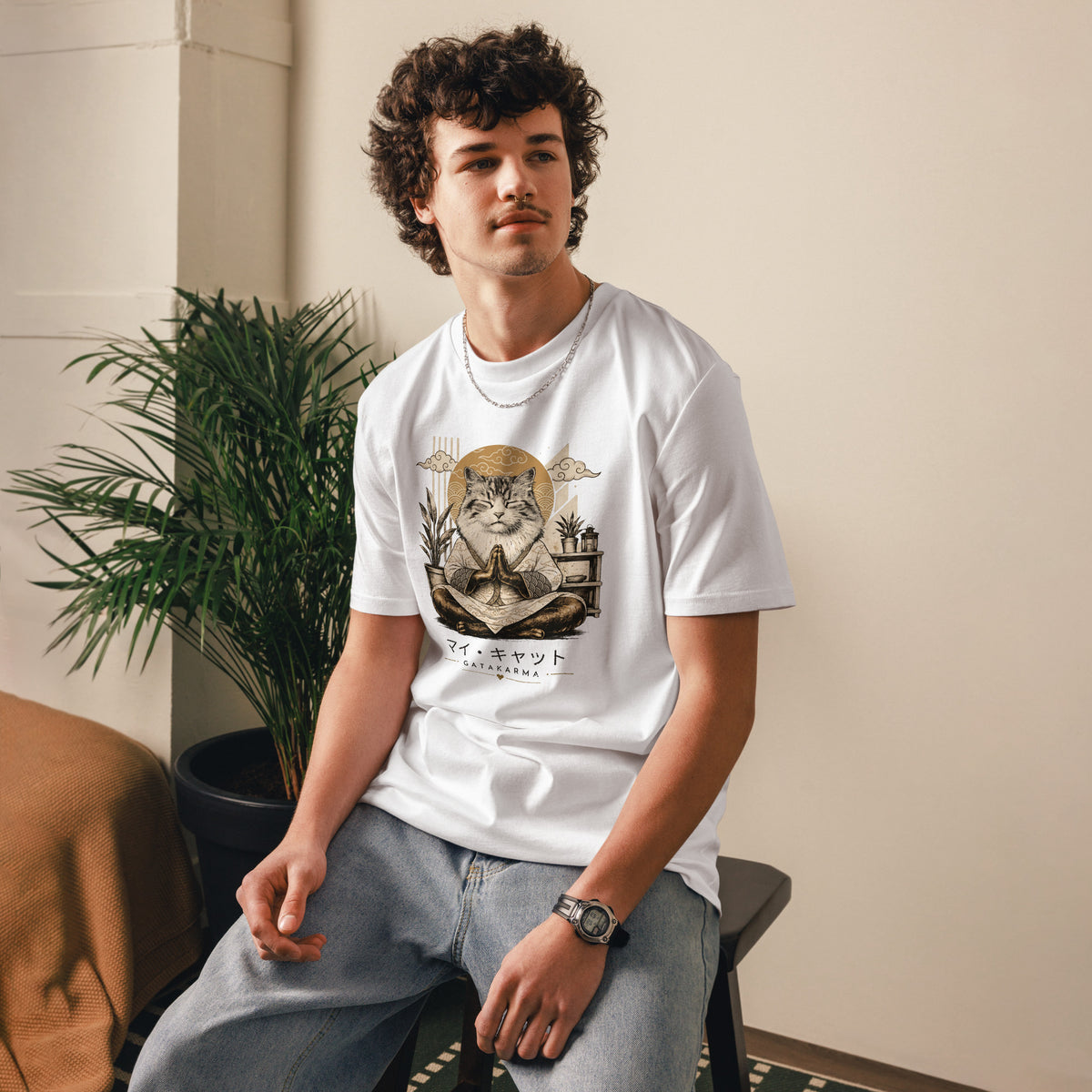 GataKarma Ukiyo Tee, paper white, lifestyle, BarnaBorders Artist Edition