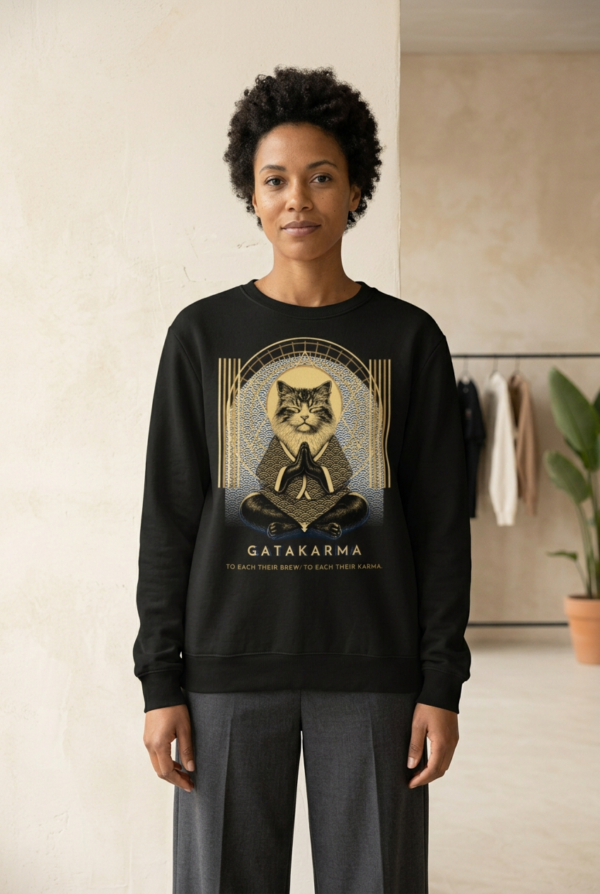 Woman wearing the black Atelier 04 sweatshirt with charcoal trousers in a pale artist studio